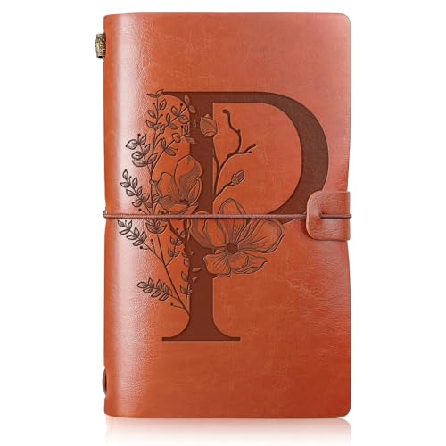 Booson Diario de viaje de cuero con inicial monogramado para mamá, cuaderno de regalo recargable, diario personalizado, bloc de notas para mujer, día de la madre, Navidad, cumpleaños (P)