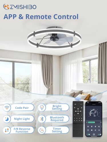 Image of ZMISHIBO Low Profile 24'' Ceiling Fans with Lights and Remote, Gray | 3000-6000K Dimmable LED Fandelier, Quiet DC Motor, Reversible Airflow, 6 Wind Speeds, Timer, Bedroom, Living Room, Kitchen
