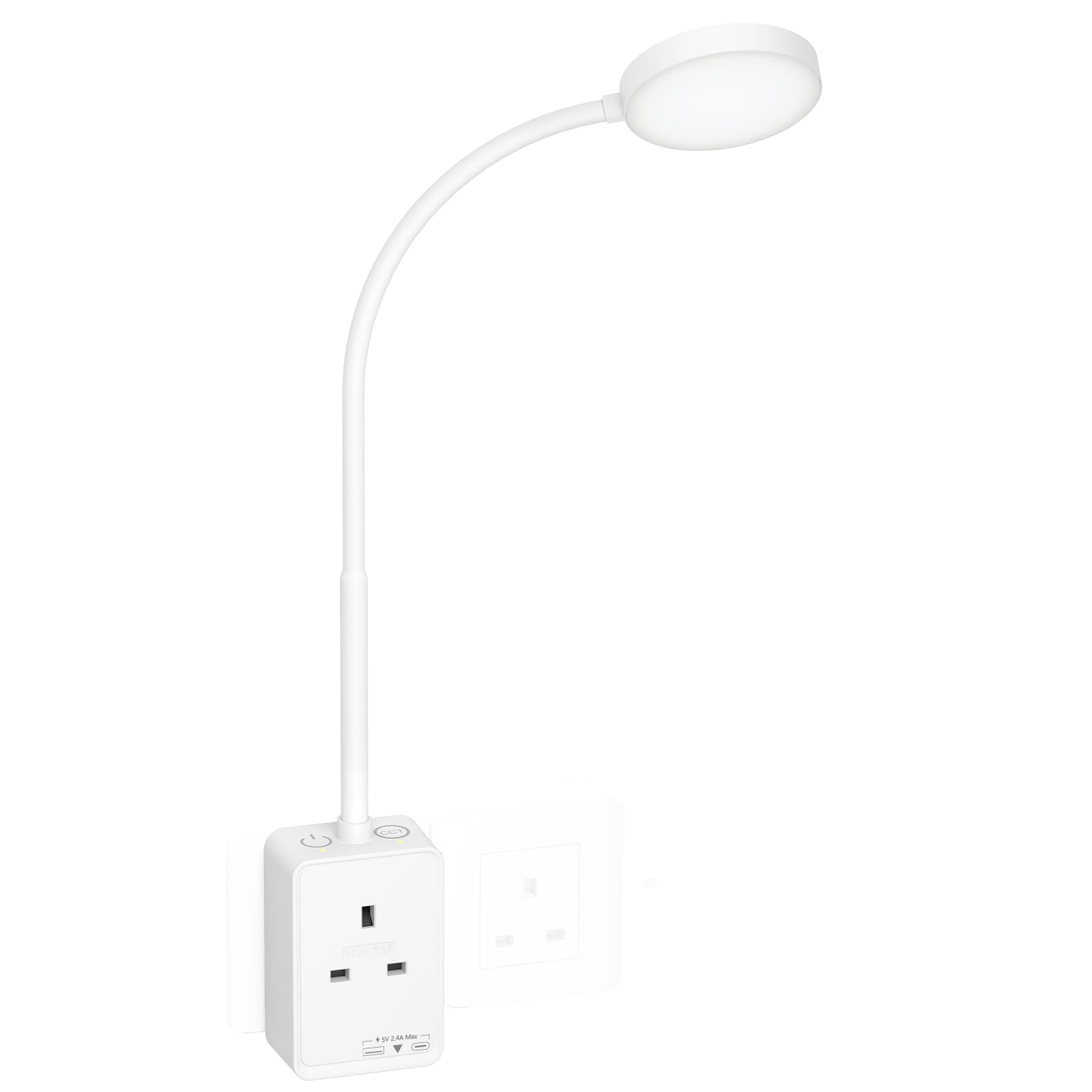PRINCEWAY Plug in LED Reading Light, Dimmable LED White Flexible Bedside Wall Lamp with Power Plug and Extension Socket, Two Touch Switches, 3 Lighting Color Modes, USB Output Charging Function
