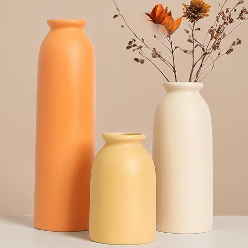 Juego de 3 jarrones pequeños de cerámica de 26,6 cm para decoración del hogar y centros de mesa, estilo rústico de granja, mini jarrones decorativos (mezcla naranja)