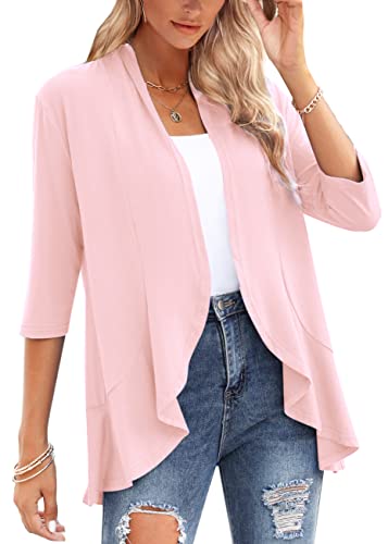 Aoulaydo Cardigan For Women 3/4 Sleeves Open Front Lightweight Cardigan Casual Draped Ruffles Cardigans (S-3Xl) Pink #TOP22