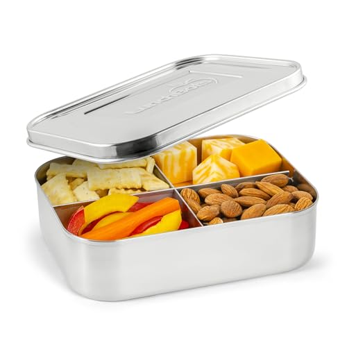LunchBots Medium Quad Snack Container - Divided Stainless Steel Food Container - Four Sections for Finger Foods On the Go - Eco-Friendly, Dishwasher Safe - Stainless Lid - Stainless Steel