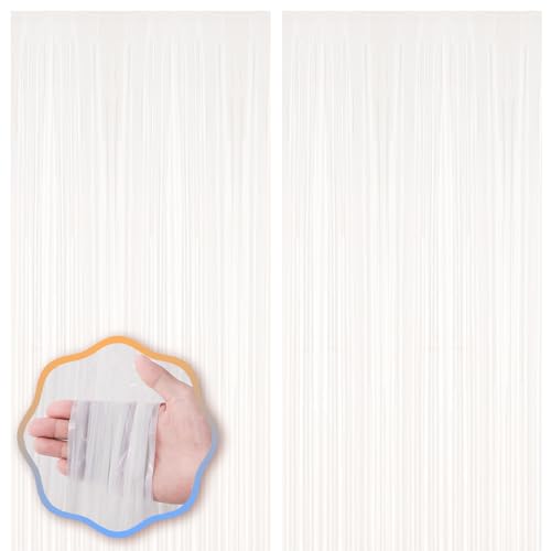 Image of Voircoloria 2 Pack White Foil Fringe Backdrop Curtains, Tinsel Streamers Birthday Party Decorations, Fringe Backdrop for Graduation, Baby Shower, Gender Reveal, Disco Party