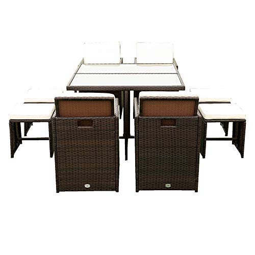Godafa Ourdoor 9-Piece Outdoor Patio Wicker Dining Set For 8, Garden Pe Table With 4 Chairs And 4 Stool,Dark Brown Rattan+Beige Cushion #TOP2