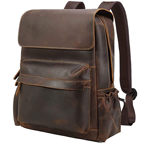 Vintage Full Grain Leather 15.6 Inch Laptop Backpack For Men Casual Travel Work Bag Bookbag Daypack With Ykk Zipper Brown, Large #TOP6