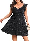 Plus Size Black Sparkly Cocktail Dress V Neck Ruffle Sleeve Wedding Guest