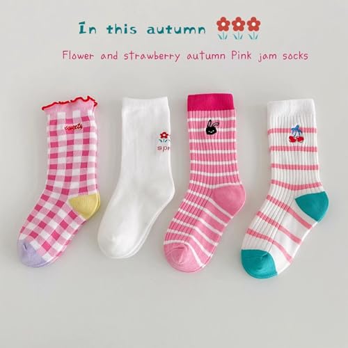 4 Pairs Toddler Girl Mid Calf Socks Cartoon Striped Stretch Breathable Ruffle Socks Summer4