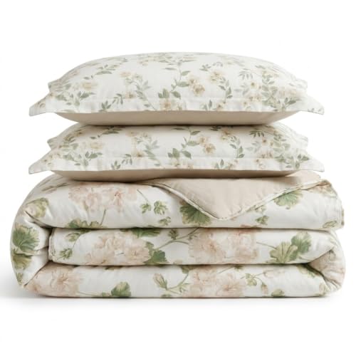 Image of Martha Stewart - Twin Comforter Set, Soft Cotton with Crisp & Tailored Naturally Smooth Cotton Percale Reverse, 2 Piece Bed Set with Matching Pillowcase (Hazel Floral Beige)