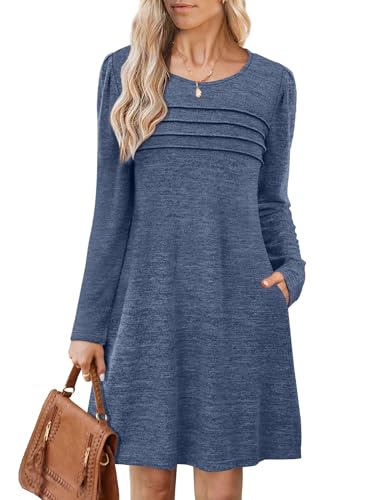 Image of OFEEFAN Womens Long Sleeve Tunic Dress Fall Fashion Sweater Dress with Pockets Pleated Front Casual Winter