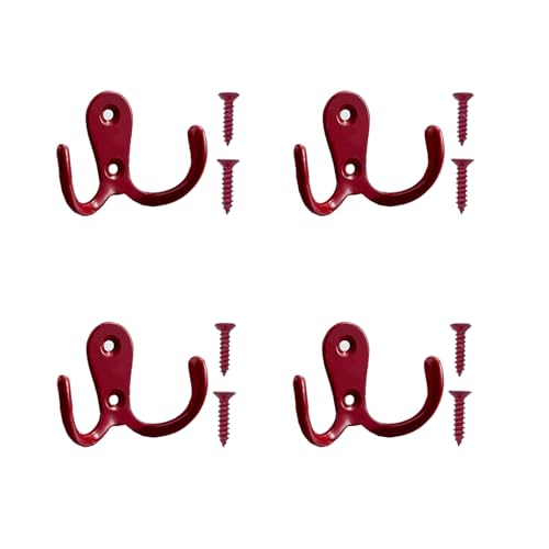 Meiyea Lot de 4 crochets muraux à double fourche, pour peignoirs, cintres en métal vintage dans les salles de bains et les chambres, avec 8 vis, rouge
