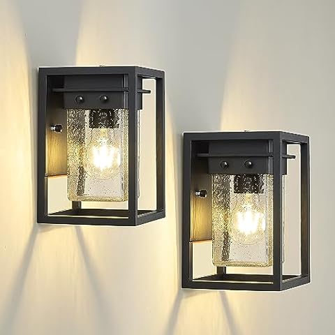 Osimir Porch Lights Outdoor, Dusk to Dawn Outdoor Lighting with Seed Glass in Black Finish, Aluminum Exterior Lights for House, OS-3006 Cover