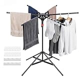 SEHAUSEU 4-Leg Clothes Drying Rack with 6 Adjustable Poles, 20 Windproof Hooks and 2 Sock Clips Foldable Laundry Drying Rack, Space-Saving Indoor/Outdoor Clothes No-Installation Drying Stand, Black