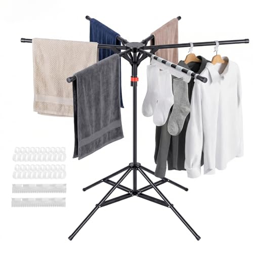 SEHAUSEU 4-Leg Clothes Drying Rack with 6 Adjustable Poles, 20 Windproof Hooks and 2 Sock Clips Foldable Laundry Drying Rack, Space-Saving Indoor/Outdoor Clothes No-Installation Drying Stand, Black