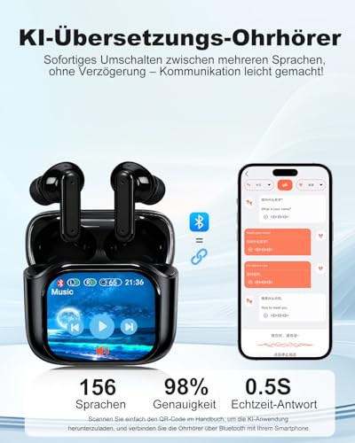 Ki Übersetzer Kopfhörer, Übersetzungskopfhörer mit echtzeit übersetzung, In Ear Translator Earbuds mit Touchscreen, 156 Sprachen Kopfhörer Übersetzer Echtzeit mit ANC Mic & App für Reisen/Geschäft