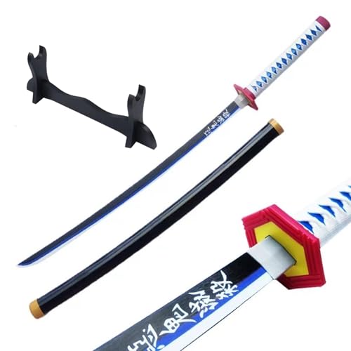 Image of EXCELCHOICE Demon Slayer Tomioka Giyu Katana Wooden Sword /Katana Toy Life Size Nichirin 104CM Bamboo Wood Giyu Water Hashira 2024 (with Single Layer Stand) Anime Cosplay Replica