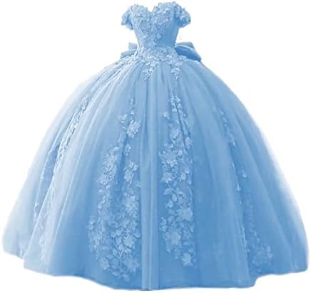 TRHTX Lace Sky Blue Quinceanera Dresses Ball Gown Puffy Off Shoulder Tulle Prom Dresses 2022 Beaded Sweet 15 16 Gowns 2