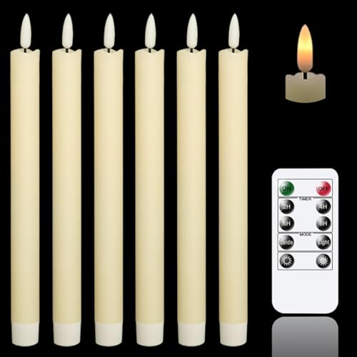 Image of Flameless Taper Candles Battery Operated Flickering Flame with Remote Timer, 6PCS White Real Wax LED Flameless Candlesticks for Festival Home Wedding Living Room Decor(9.64 x 0.78 Inch)