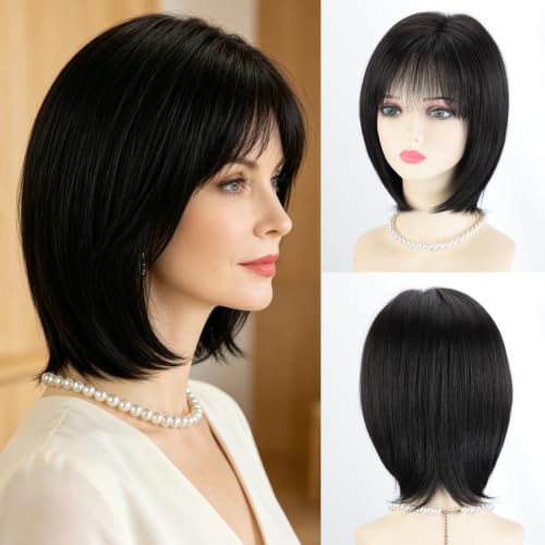 RENERSHOW Layered Short Black Bob Wig with Bangs Straight Hair