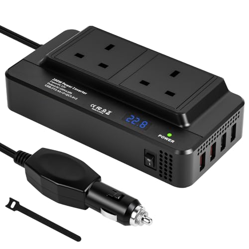 URAQT Power Inverter 200W, Car Voltage Converter DC 12V to AC 240V UK, Car Charger with 2 Sockets and 4 USB Ports Fast Charging Cars Plug Adapter for Laptops Cellphones Small Electronic Devices