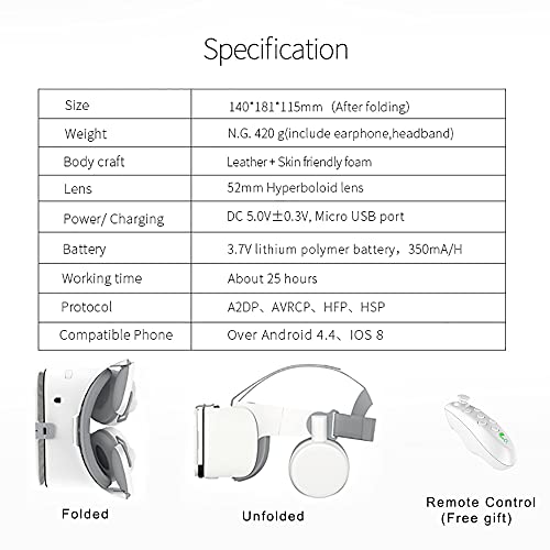 Thafikzi Vr Headset With Remote Control Virtual Reality Headset For Phones 3D Glasses For Movies & Games Bluetooth Vr Glasses For Iphone/ Samsung Compatible For Ios / Android (White) #TOP4