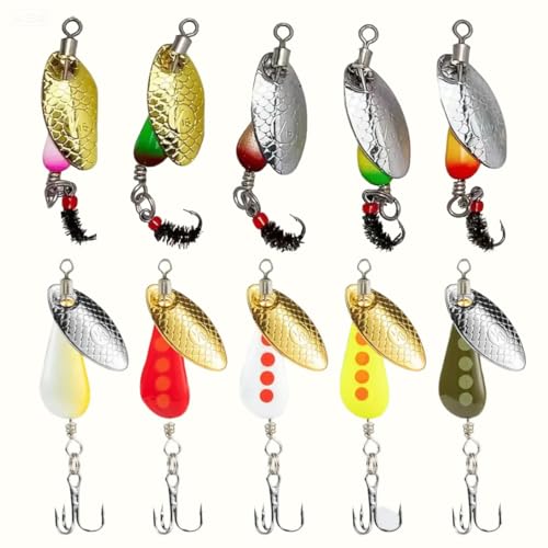 Fishing Spinners, 10pcs Trout Fishing Lures Kit, Inline Spinner Baits with Single Hooks &Treble Hooks & Fly Hooks, High-Reflective Flash Spoons for Trout, Salmon, Panfish, Bass, Pike