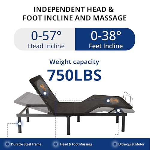Image of Dyonery Split King Adjustable Bed Frame + 14 Inch Memory Foam Mattress | Wireless Remote, Head and Foot Incline & Massage, Zero Gravity, Cooling Copper Foam, Fiberglass Free, Tools-Free Assembly