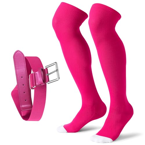 XZQTIVE Baseball Socks and Belt Combo Over the Knee Softball Socks and Belt in Pink Knee High Football Socks for Kids Youth Adults