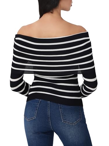 CIDER Striped Off The Shoulder Long Sleeve Knit Sweaters Going Out Fall Tops3
