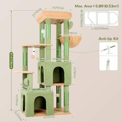 Image of Globlazer Cactus Cat Tower for Indoor Cats, Heavy Duty Cat Trees for Large Cats Adult Big Cats Maine Coon Cat Tree Tower with Scratching Post, Extra Large Top Perch, Cat Condos, F61, Green, 61inch