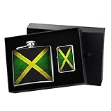 Jamaica Flag Stainless Steel Liquor Shot Flask Flip Top Silver Lighter Gift Set