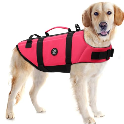 EMUST Dog Life Vests, Adjustable Pet Life Jacket with Rescue Handle, Dog Flotation Device DFD for Small/Medium/Large Dogs, M, Rosepink
