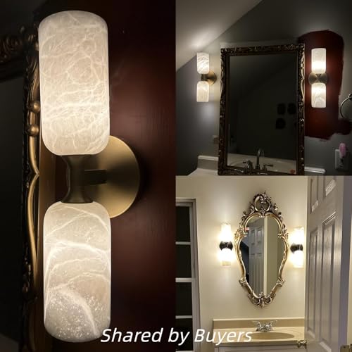 Image of 20in Alabaster Wall Sconces Set of Two, Modern Spanish Natural Marble Bathroom Vanity Sconces, Brass Alabaster Sconce Wall Lighting, Gold Wall Light Fixtures Decor for Bedroom Living Room Staircases