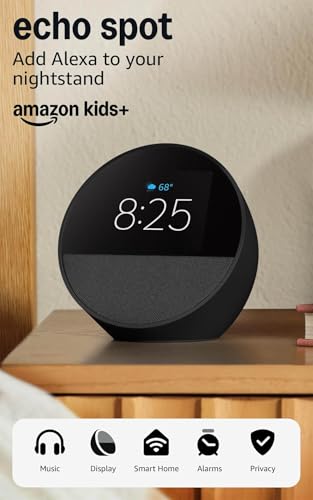 Image of Amazon Echo Spot (newest model), Smart alarm clock with vibrant sound and Alexa - Black + 3 Months of Amazon Kids+ (with auto-renewal)