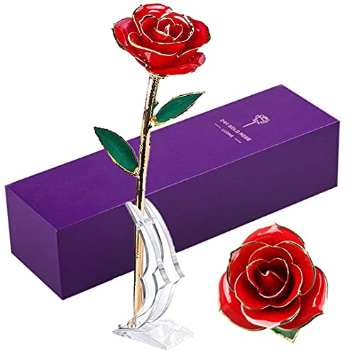LUOHE Gold Dipped Real Rose, Anniversary Women Day Rose Gift for Her/Mom, Long Stem 24K Gold Dipped Real Red Rose Flowers with Stand, Romantic Valentines Gifts for Her Girlfriend Wife