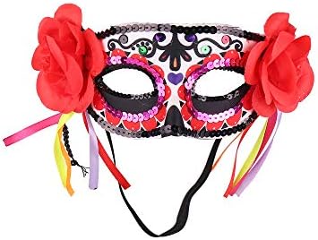 KEPATO Masquerade Death Masks with Red Flowers Lace for Halloween Party,Day of the Dead Sugar Skull Mask,dia de los muertos