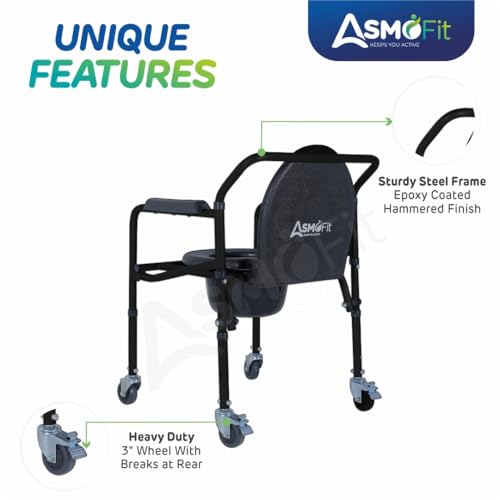 Image of Foldable Commode Chair Height Adjustable Use in Room or Over Toilet, Potty Chair with Armrests, Bedside Commode - Ideal for Adult, Pregnant Women, Elderly - Weight Capacity 100KG (With Wheels - Black)