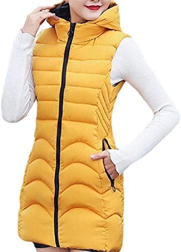 Womens Hooded Classic Zip Sleeveless Vest Quilted Long Down Vest Jacket,Yellow,Small