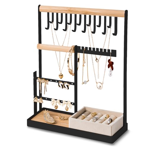 DreamGenius Jewelry Organizer Stand with Velvet Ring Holder, Black
