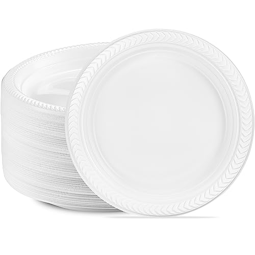PLASTICPRO 200 PCS White Plastic Round 9 Inch Plastic Plates Premium Quality Light Weight Disposable Plastic Dishes Dinner Plates for Parties Weddings
