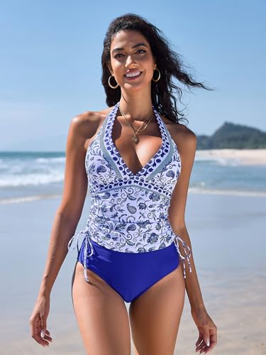 ZAFUL Women's Sexy Halter Tankini Swimsuits Drawstring Tummy Control Tankini Bathing Suits Two Piece Full Coverage Swimsuits2