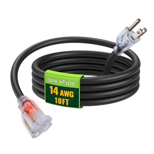GREATIDE 10 Ft 14/3 Lighted Outdoor Extension Cord - 14 Gauge SJTW Heavy Duty Black Extension Cable with 3 Prong Grounded Plug, Great for Lawn, Garden, Appliances