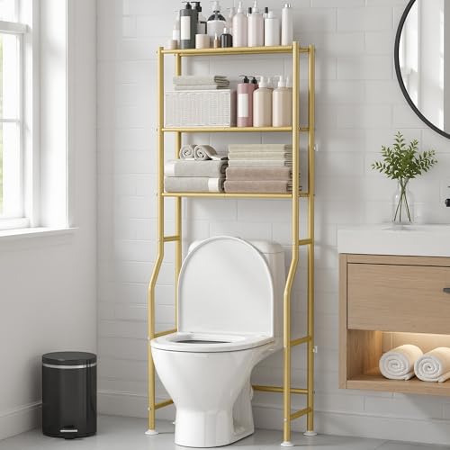 GloTika 3-Tier Over Toilet Storage Rack Metal Over Toilet Bathroom Organizer Shelf Freestanding Space Saver Storage Shelves for Bathroom/Laundry/Living Room (Gold)
