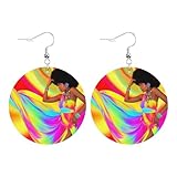 Swono African Woman Round Faux Leather Earrings for Women Sexy Black Woman Colorful Flowing Dress Dance Disco Lightweight Double-Side Printed Drop Dangle Earring for Gift