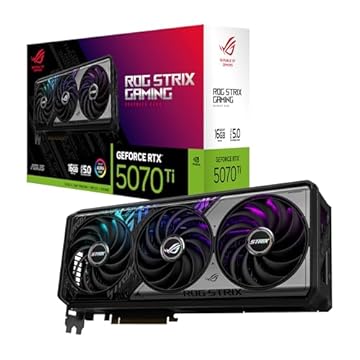 ASUS Placa gráfica ROG Strix GeForce RTX 5070 Ti OC 16 GB GDDR7 (PCIe 5.0, HDMI/DP 2.1, 3.2 compartimentos, ventiladores de tecnologia axial, design MaxContact da câmara de vapor, almofada térmica GPU