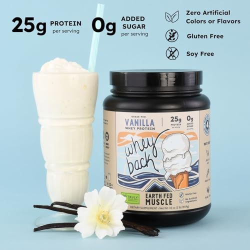 Image of Earth Fed Muscle Whey Back Irish Grass Fed Whey Protein Isolate, Third-Party Certified. 25g Protein, Vanilla - Non-GMO, Hormone Free, Soy Free, Gluten Free - 2 LB, 29 Servings