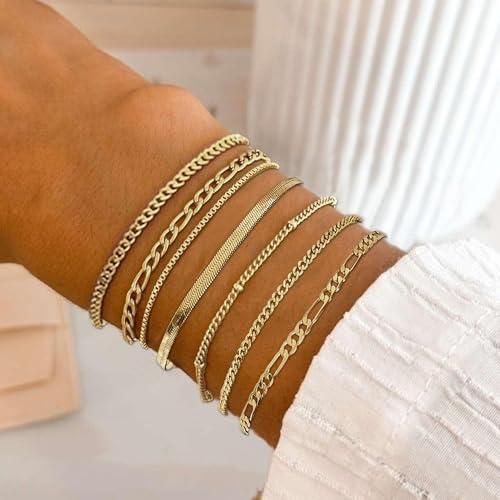 16 PCS Gold Bracelets for Women, Dainty Bracelets Set for Women Trendy, Gold Stackable Cuban Link Paperclip Chain Bracelet Pack Jewelry Gifts for Women ﻿3