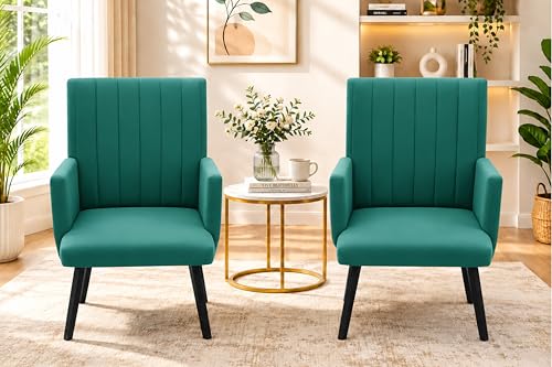 Image of Rosebell Modern Velvet Office Chairs Set of 2 with Armrests & Metal Legs | Upholstered High Back Leisure Chairs for Living Room, Bedroom, Office, Cafe & Dining Room | Green