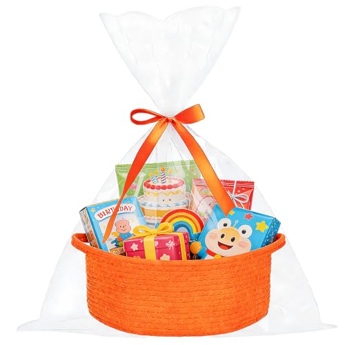ShellKingdom Storage Basket with Handles, Empty Gift Basket with Gift Bags and Ribbon, Small Woven Baskets for Home, Nursery Storage Organizer, 12 X 8 X 5 INCH, Orange
