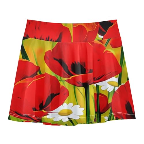 Painting Red Poppies Daisies Girls' Shorts Athletic Skorts Tennis Skirts for Kids Neon Girl Skort 3t2