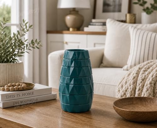 Image of Divyakosh Decorative VASE ONLY for Home Decor | Geometric Flower Vase for Center Table, Bedroom,Office & Shelf Decoration| Home Decoration Items for Living Room| Decorative Items|Teal Green Pot |